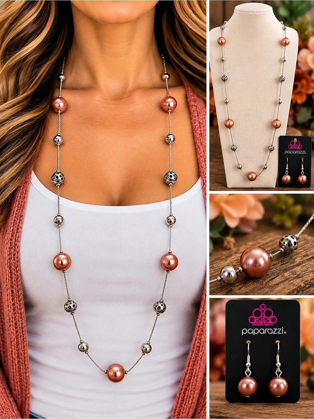 paparazzi Stately Starlight Orange Necklace & Earrings Set